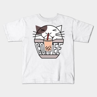 Cat in coffee cup with warped text drinking boba brown Kids T-Shirt